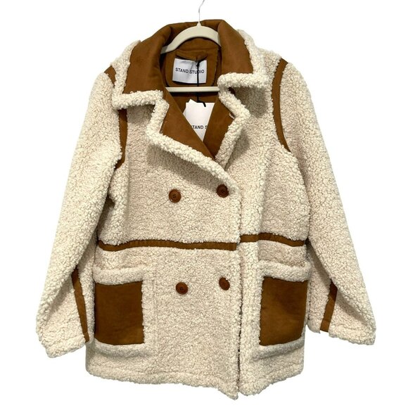 Stand Studio Oversized Chloe Faux Shearling & Leather Teddy Coat Sz 36 Small - Picture 5 of 9